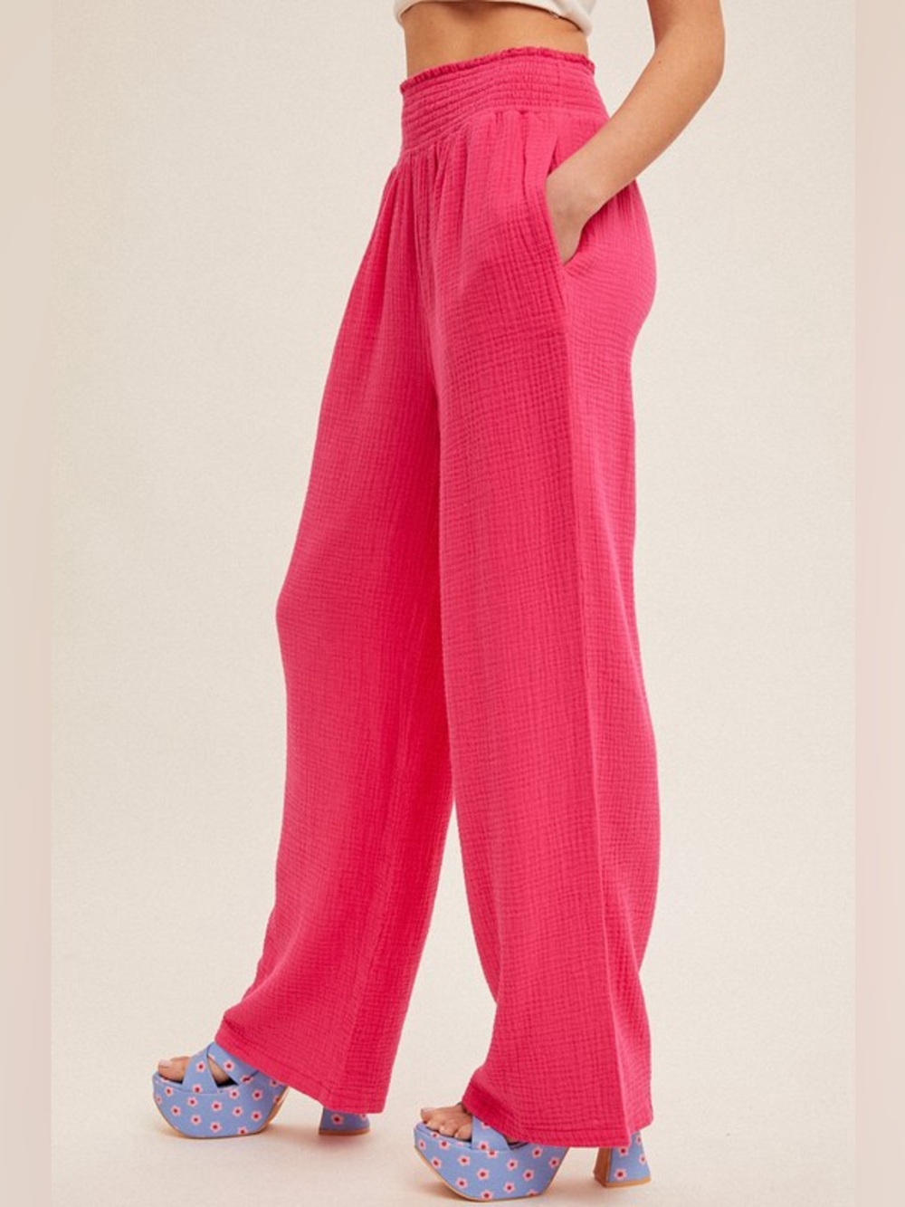 🌟SUMMER SALE🌟CRINKLE GAUZE SMOCKED WAIST LOUNGE
PANTS|HOT PINK